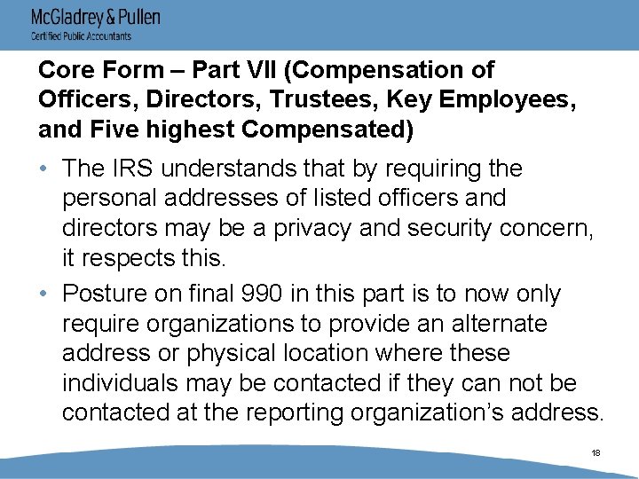 Core Form – Part VII (Compensation of Officers, Directors, Trustees, Key Employees, and Five