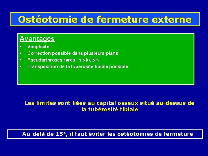 Ostéotomie de fermeture externe Avantages • • Simplicité Correction possible dans plusieurs plans Pseudarthroses