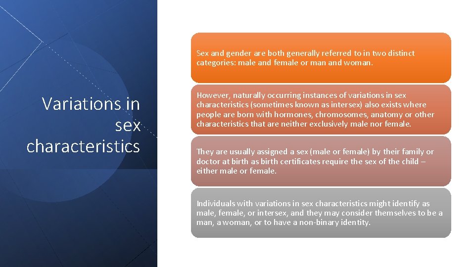 Sex and gender are both generally referred to in two distinct categories: male and