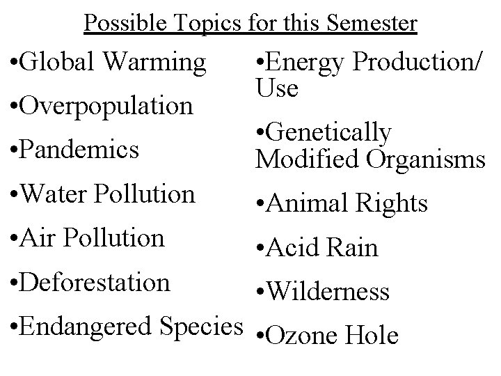 Possible Topics for this Semester • Global Warming • Overpopulation • Energy Production/ Use