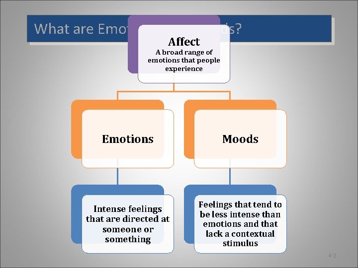 What are Emotions and Moods? Affect A broad range of emotions that people experience