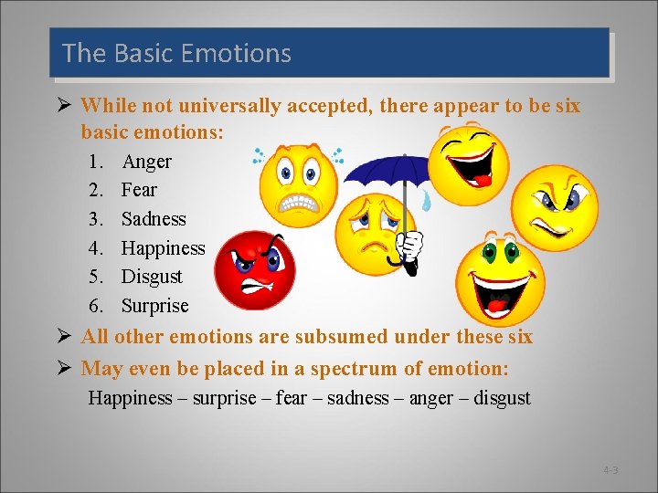 The Basic Emotions Ø While not universally accepted, there appear to be six basic