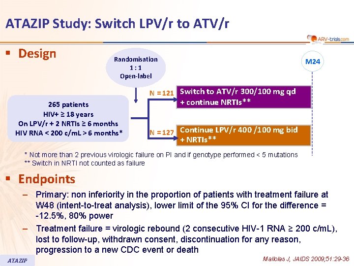 ATAZIP Study: Switch LPV/r to ATV/r § Design Randomisation 1: 1 Open-label M 24