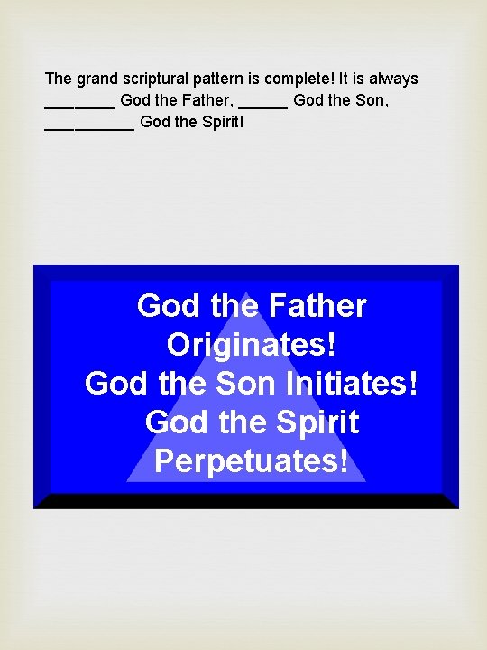 The grand scriptural pattern is complete! It is always _______ God the Father, _____