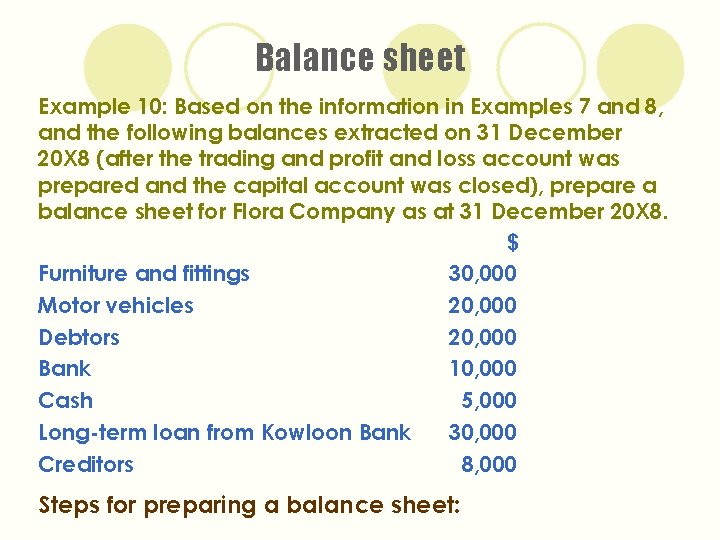 Balance sheet Example 10: Based on the information in Examples 7 and 8, and