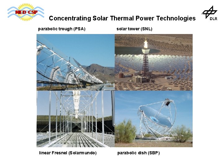 Concentrating Solar Thermal Power Technologies parabolic trough (PSA) solar tower (SNL) linear Fresnel (Solarmundo)