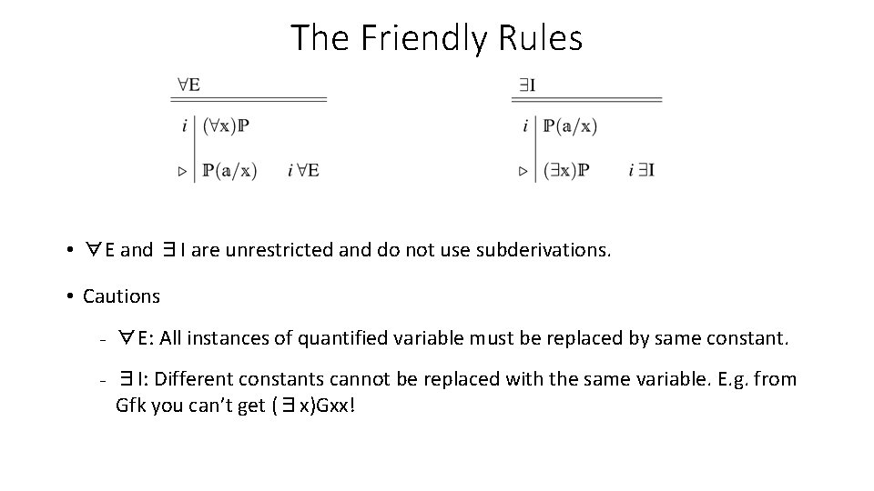 The Friendly Rules • ∀E and ∃I are unrestricted and do not use subderivations.