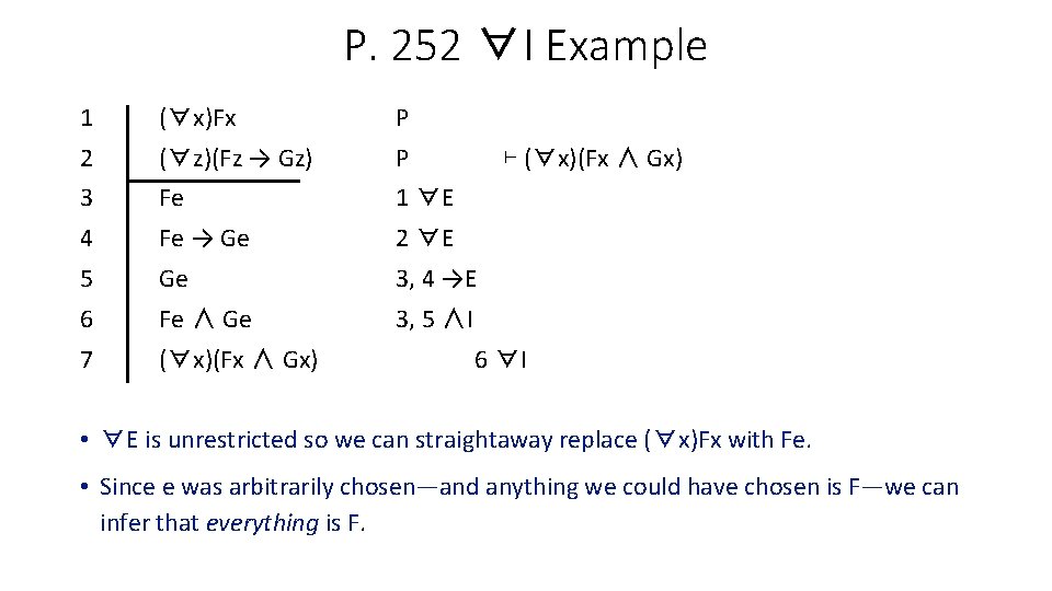 P. 252 ∀I Example 1 (∀x)Fx P 2 (∀z)(Fz → Gz) P 3 Fe