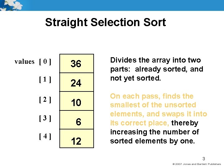 Straight Selection Sort values [ 0 ] 36 [1] 24 [2] 10 [3] 6