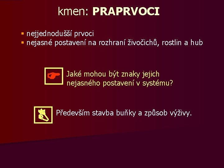 kmen: PRAPRVOCI § nejjednodušší prvoci § nejasné postavení na rozhraní živočichů, rostlin a hub