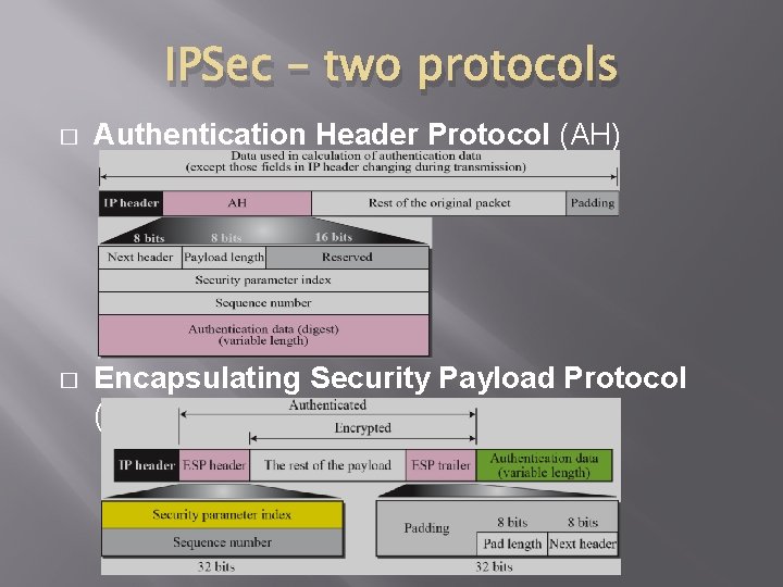 IPSec – two protocols � Authentication Header Protocol (AH) � Encapsulating Security Payload Protocol