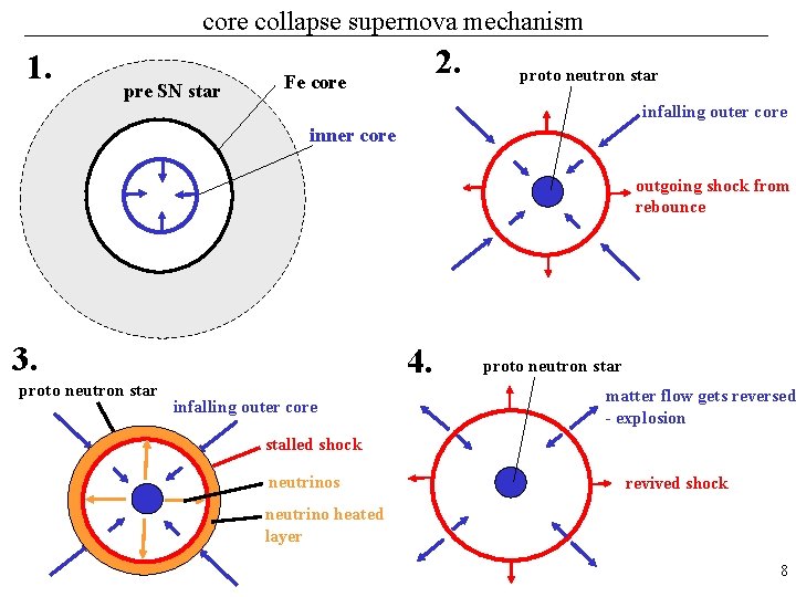 core collapse supernova mechanism 1. pre SN star 2. Fe core proto neutron star