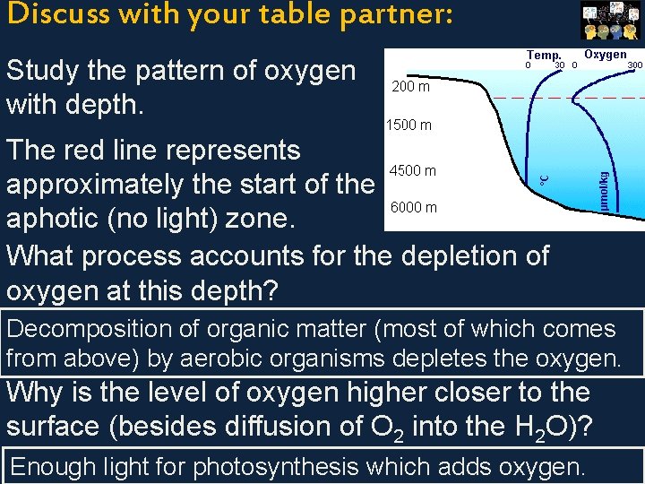 Discuss with your table partner: Study the pattern of oxygen with depth. The red