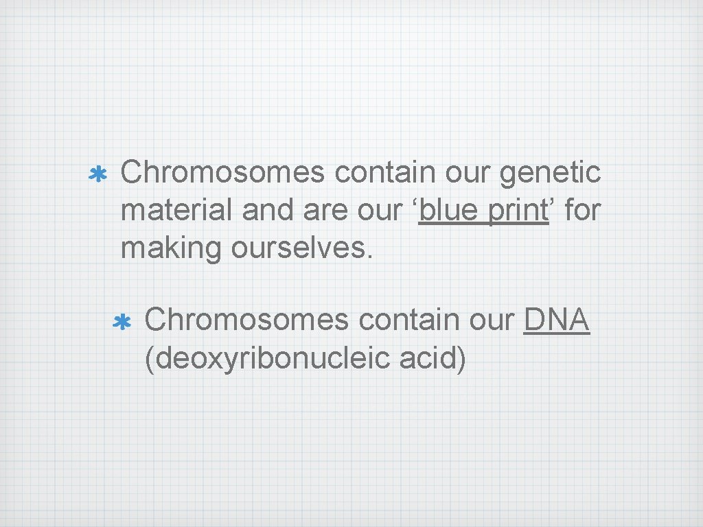 Chromosomes contain our genetic material and are our ‘blue print’ for making ourselves. Chromosomes