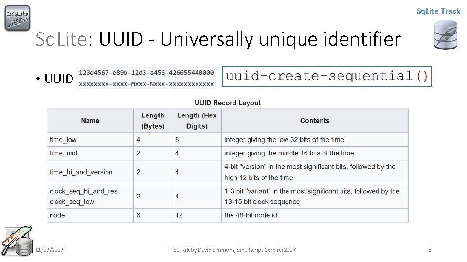 Sq. Lite Track Sq. Lite: UUID - Universally unique identifier • UUID 11/17/2017 TSL