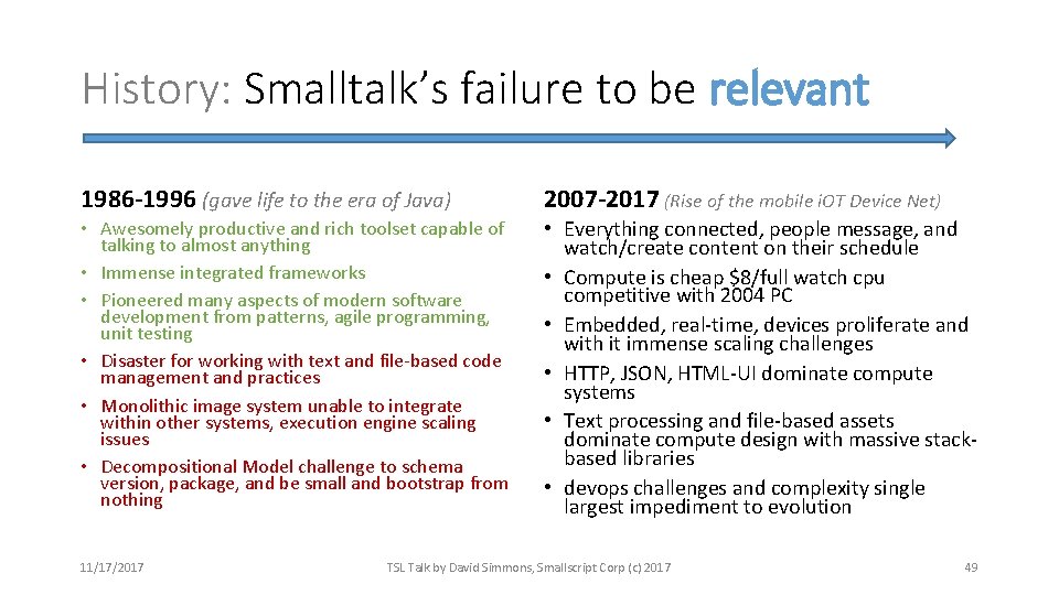 History: Smalltalk’s failure to be relevant 1986 -1996 (gave life to the era of