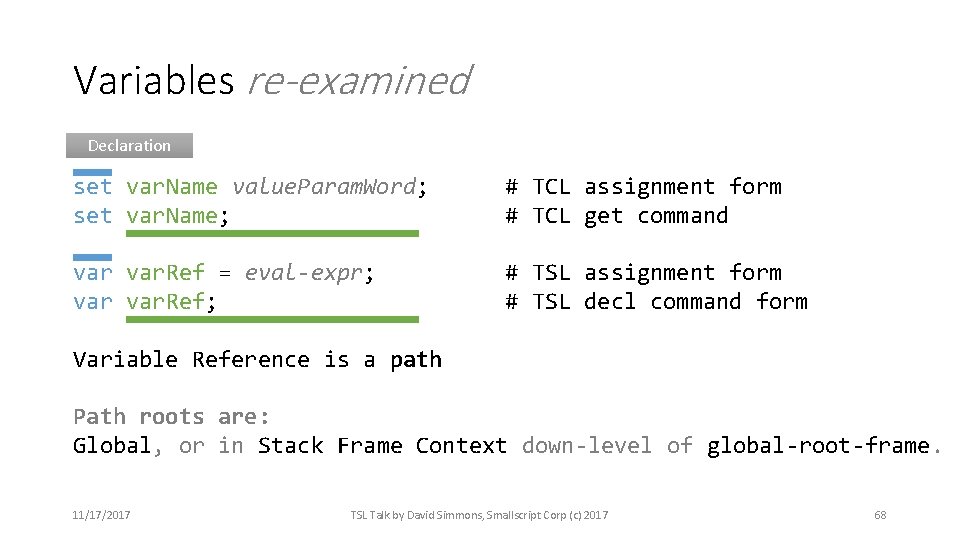 Variables re-examined Declaration set var. Name value. Param. Word; set var. Name; # TCL