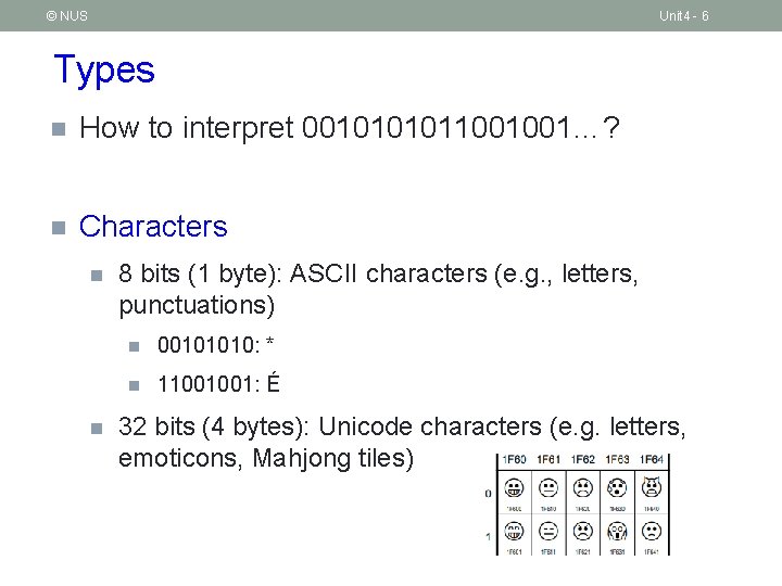 © NUS Unit 4 - 6 Types n How to interpret 001011001001…? n Characters