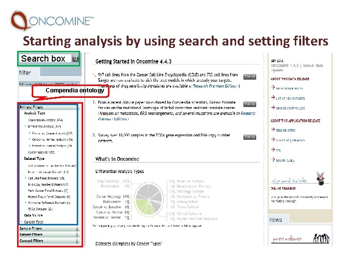 Starting analysis by using search and setting filters Search box Compendia ontology 