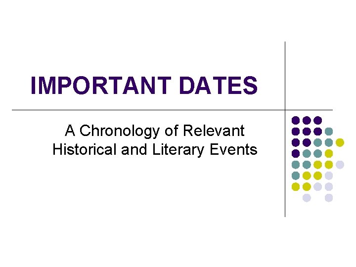 IMPORTANT DATES A Chronology of Relevant Historical and Literary Events 