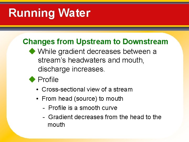 Running Water Changes from Upstream to Downstream While gradient decreases between a stream’s headwaters