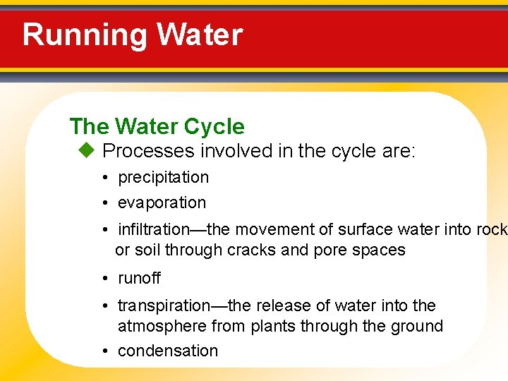 Running Water The Water Cycle Processes involved in the cycle are: • precipitation •