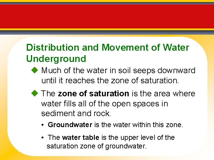 Distribution and Movement of Water Underground Much of the water in soil seeps downward