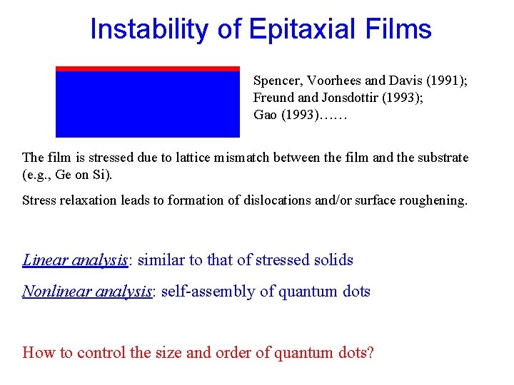Instability of Epitaxial Films Spencer, Voorhees and Davis (1991); Freund and Jonsdottir (1993); Gao