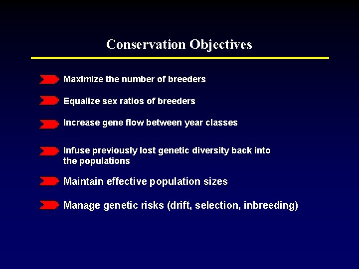 Conservation Objectives Maximize the number of breeders Equalize sex ratios of breeders Increase gene