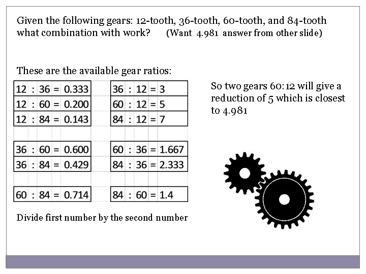 Given the following gears: 12 -tooth, 36 -tooth, 60 -tooth, and 84 -tooth what