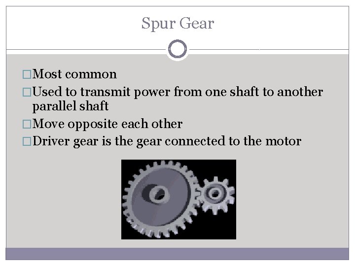 Spur Gear �Most common �Used to transmit power from one shaft to another parallel