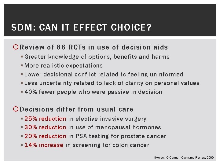 SDM: CAN IT EFFECT CHOICE? Review of 86 RCTs in use of decision aids