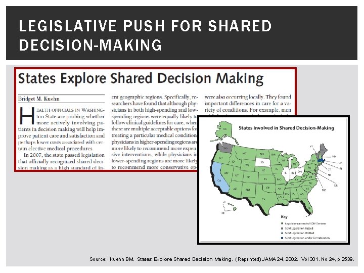 LEGISLATIVE PUSH FOR SHARED DECISION-MAKING Source: Kuehn BM. States Explore Shared Decision Making. (Reprinted)