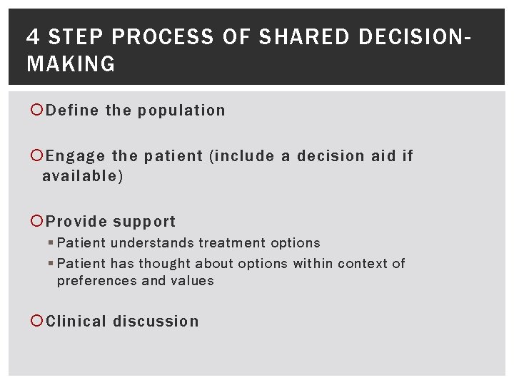 4 STEP PROCESS OF SHARED DECISIONMAKING Define the population Engage the patient (include a