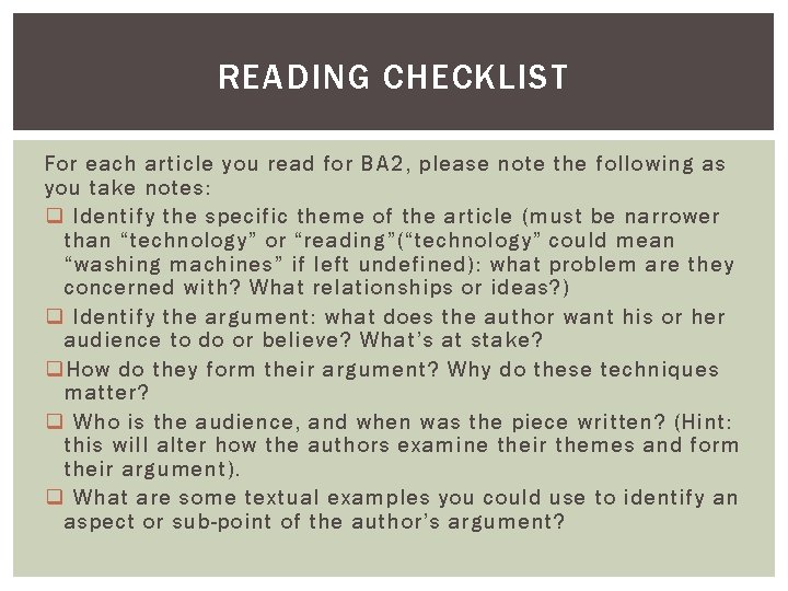 READING CHECKLIST For each article you read for BA 2, please note the following