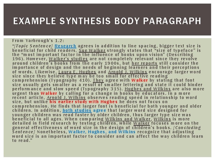 EXAMPLE SYNTHESIS BODY PARAGRAPH From Yarbro ugh’s 1. 2: “ [Top ic Sentence] Rese