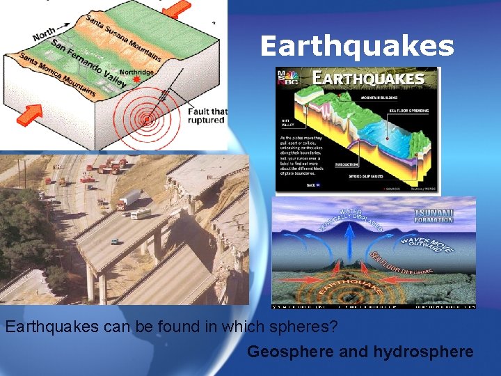 Earthquakes can be found in which spheres? Geosphere and hydrosphere 