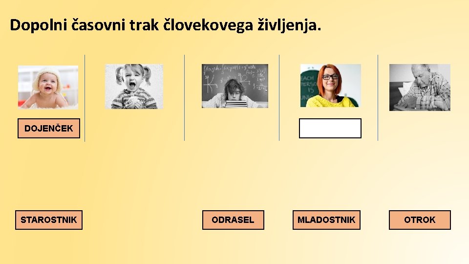 Dopolni časovni trak človekovega življenja. DOJENČEK STAROSTNIK ODRASEL MLADOSTNIK OTROK 