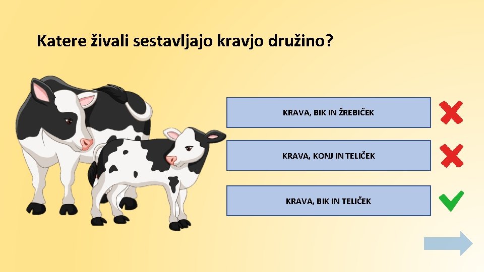 Katere živali sestavljajo kravjo družino? KRAVA, BIK IN ŽREBIČEK KRAVA, KONJ IN TELIČEK KRAVA,