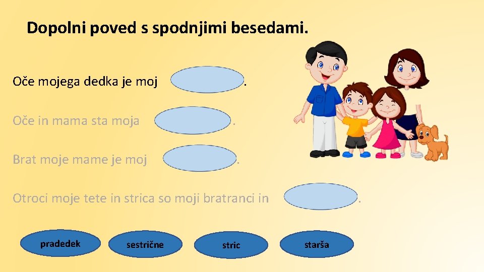 Dopolni poved s spodnjimi besedami. Oče mojega dedka je moj Oče in mama sta