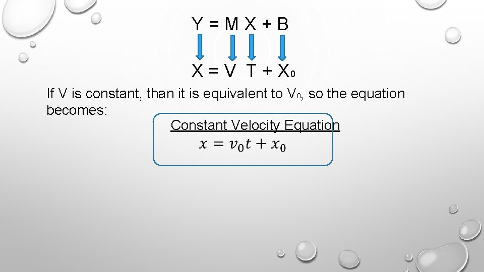 Y=MX+B X = V T + X 0 If V is constant, than it