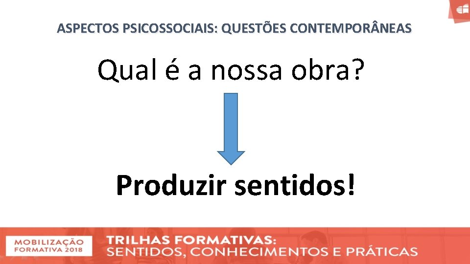 ASPECTOS PSICOSSOCIAIS: QUESTÕES CONTEMPOR NEAS Qual é a nossa obra? Produzir sentidos! 