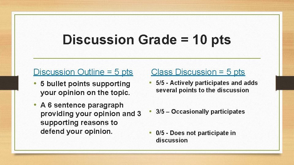 Discussion Grade = 10 pts Discussion Outline = 5 pts • 5 bullet points