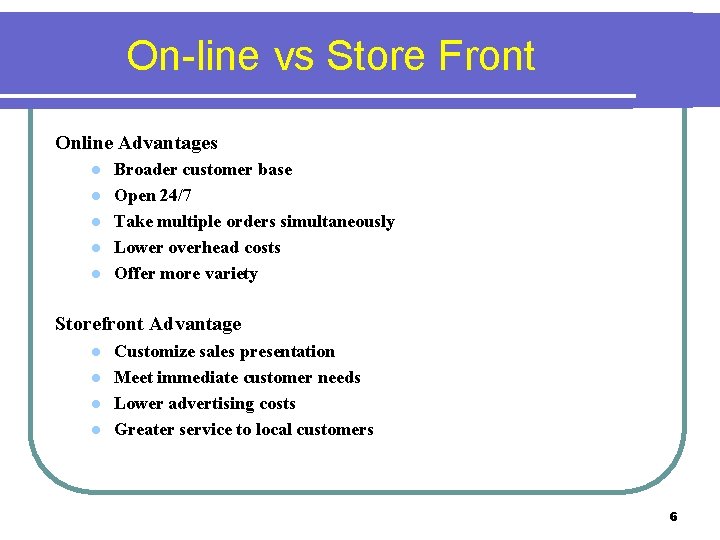 On-line vs Store Front Online Advantages l l l Broader customer base Open 24/7
