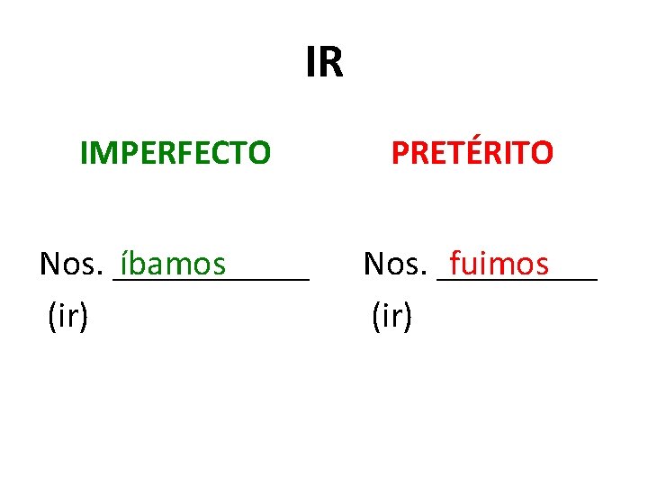 IR IMPERFECTO PRETÉRITO Nos. ______ íbamos (ir) Nos. _____ fuimos (ir) 