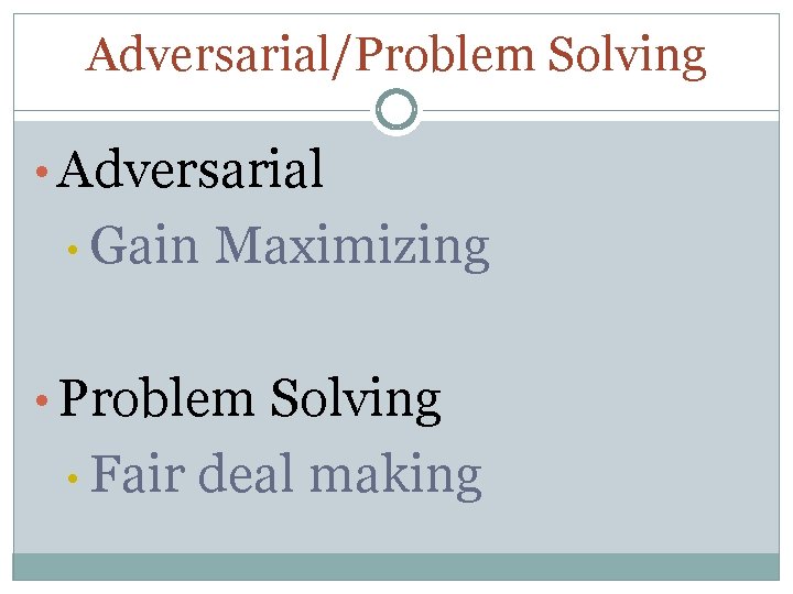 Adversarial/Problem Solving • Adversarial • Gain Maximizing • Problem Solving • Fair deal making