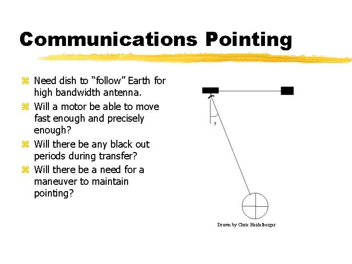 Communications Pointing z Need dish to “follow” Earth for high bandwidth antenna. z Will
