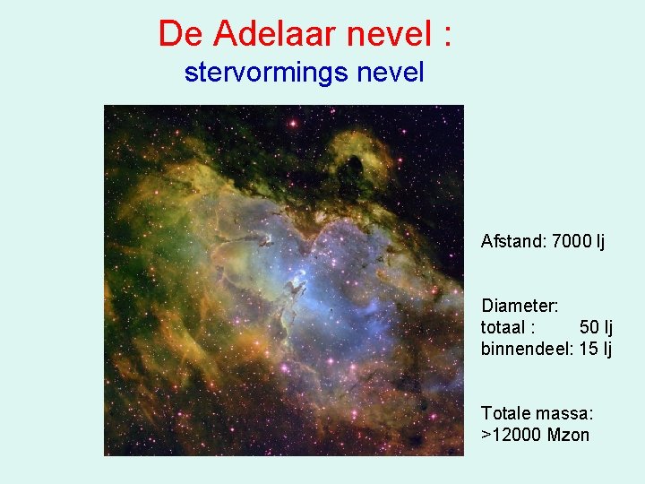 De Adelaar nevel : stervormings nevel Afstand: 7000 lj Diameter: totaal : 50 lj