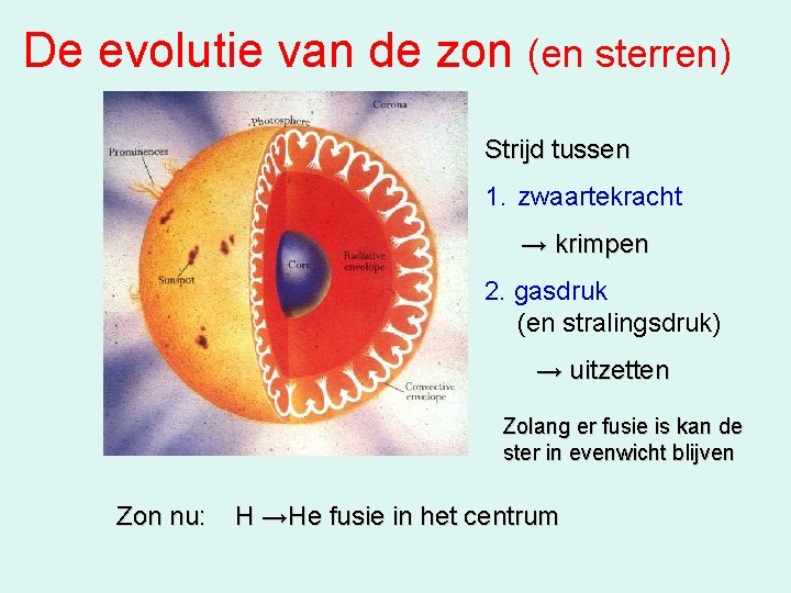 De evolutie van de zon (en sterren) Strijd tussen 1. zwaartekracht → krimpen 2.