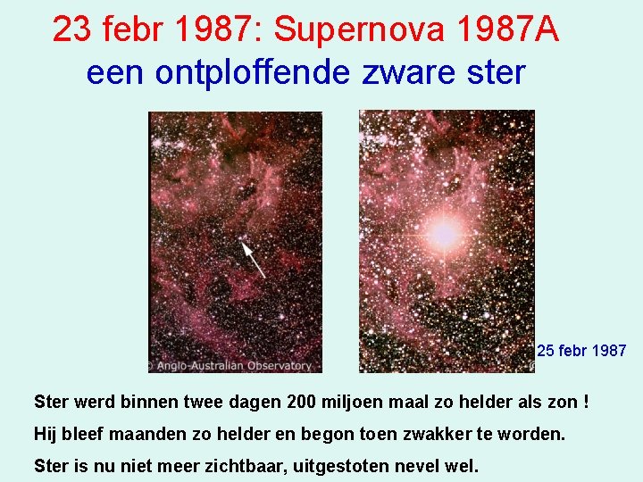 23 febr 1987: Supernova 1987 A een ontploffende zware ster 25 febr 1987 Ster